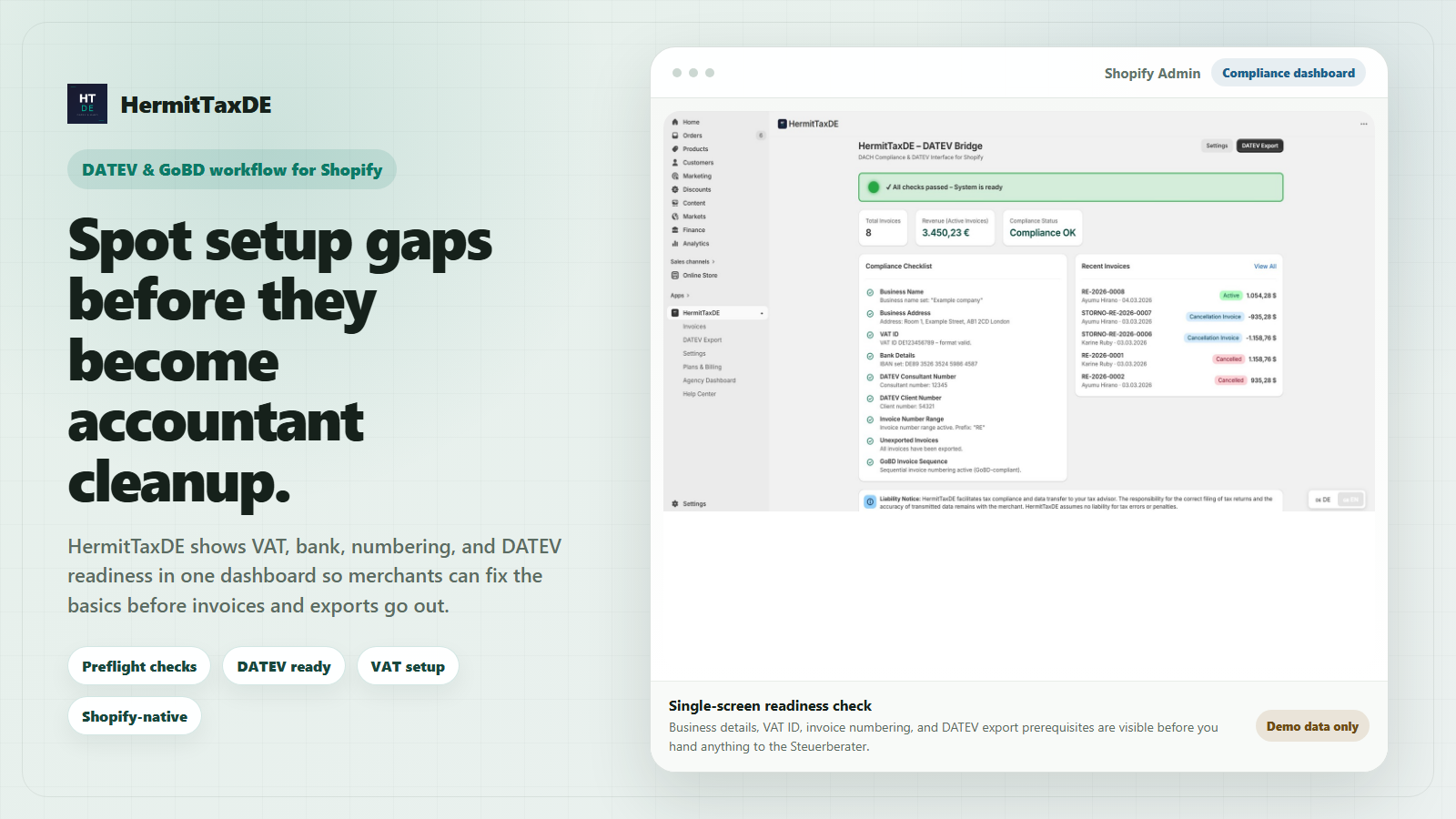 HermitTax dashboard with preflight tax compliance checks