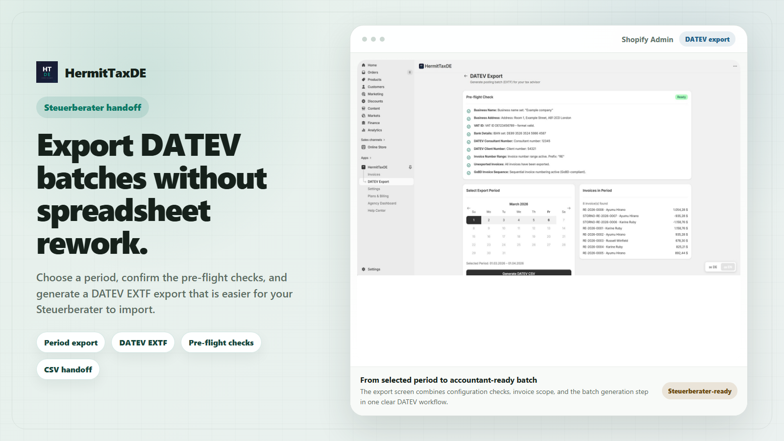 DATEV EXTF export page for Steuerberater download
