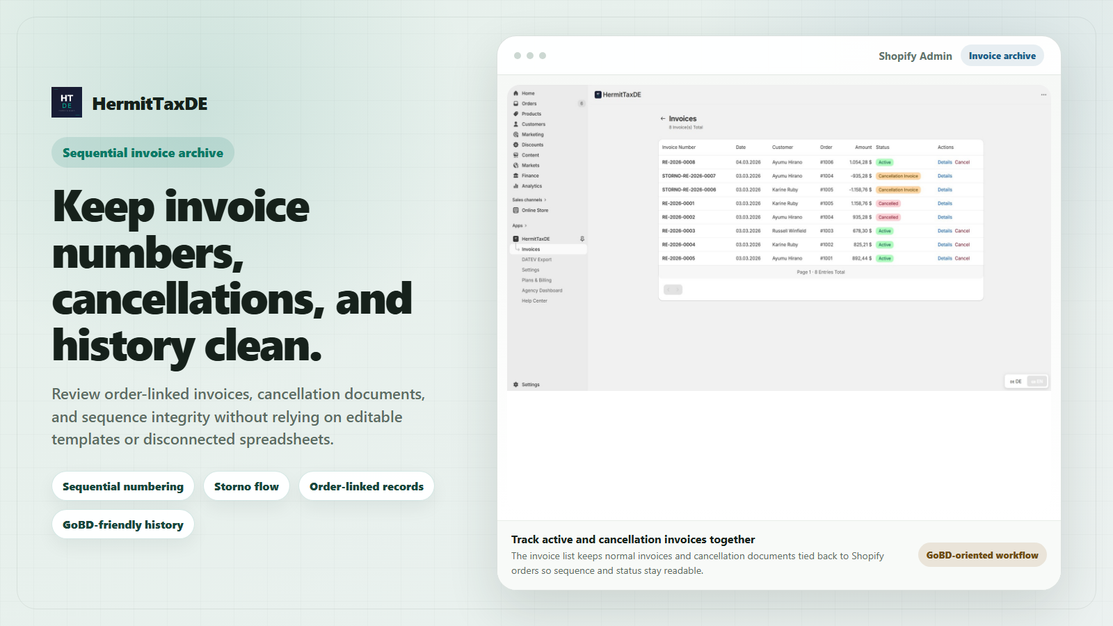 Invoices list with GoBD-compliant sequential invoice numbers